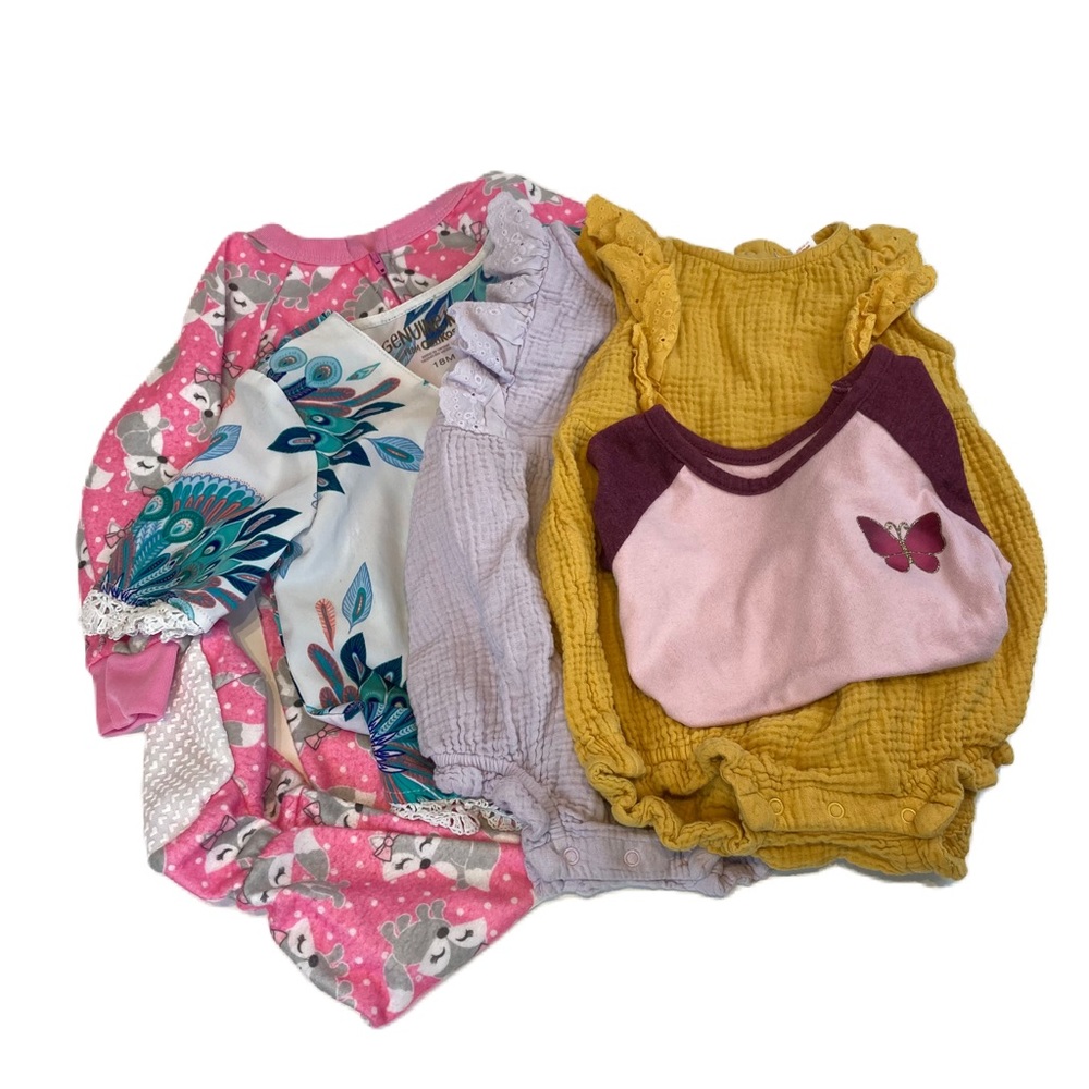 NWOT  Mon Petit Fox with bows Pink Zip Up Pajamas and pink butterfly tee…